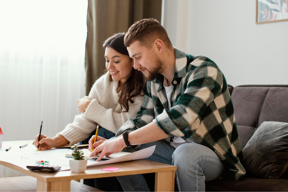 Couple qui écrit ensemble dans un journal, assis dans leur salon