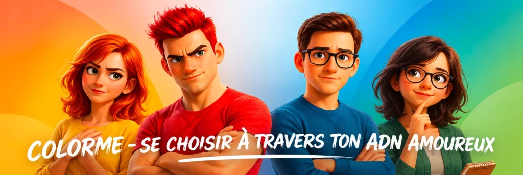 Test COLOR ME : quatre personnages aux couleurs relationnelles jaune, rouge, bleu et vert, méthode Se Choisir™